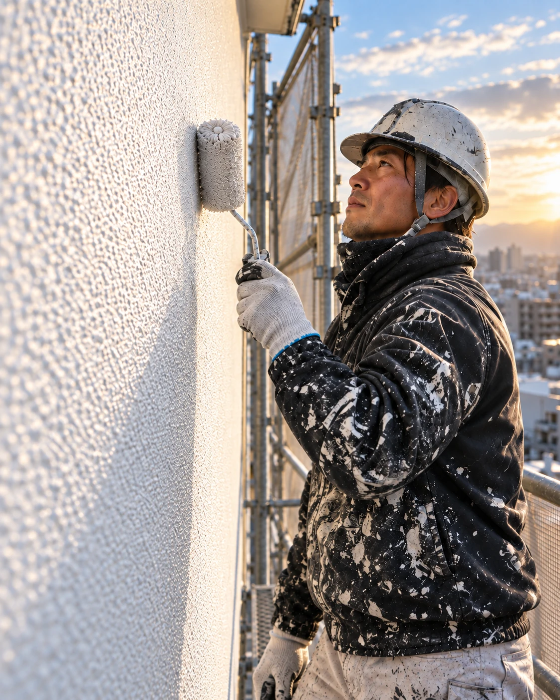 足場で外壁をローラー塗装する職人のイメージ
