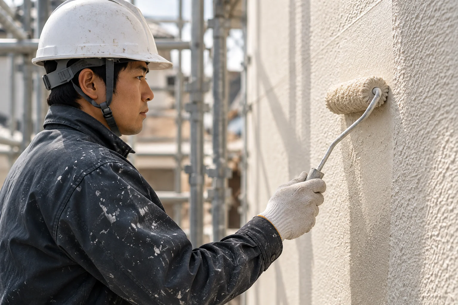 外壁をローラーで塗装する職人のイメージ